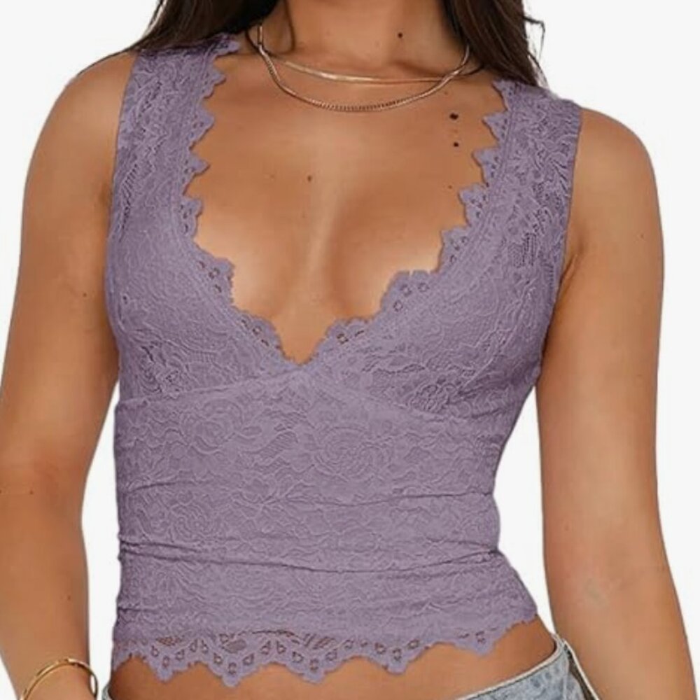 REORIA Womens V-Neck Sleeveless  Lace Crop